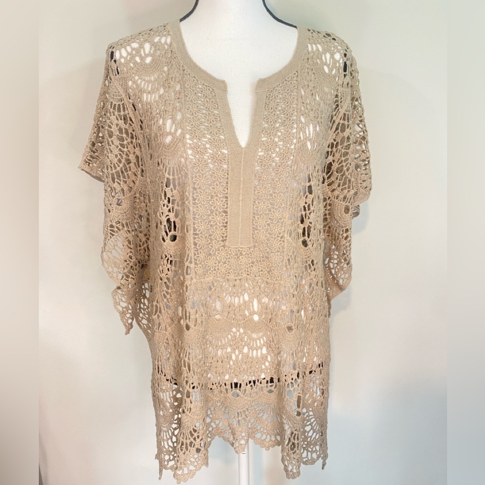 Crochet Top/Swimsuit Coverup Charlie Paige NWT Tan Poncho One Size 100% Cotton